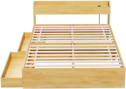 Artiss Double Bed Frame with 2 Storage Drawers, Platform Bed with Headboard, Bed Base with USB Ports, Sturdy Wooden Slat Support, 300KG Capacity Guest Bed for Bedroom Furniture, Easy Assembly