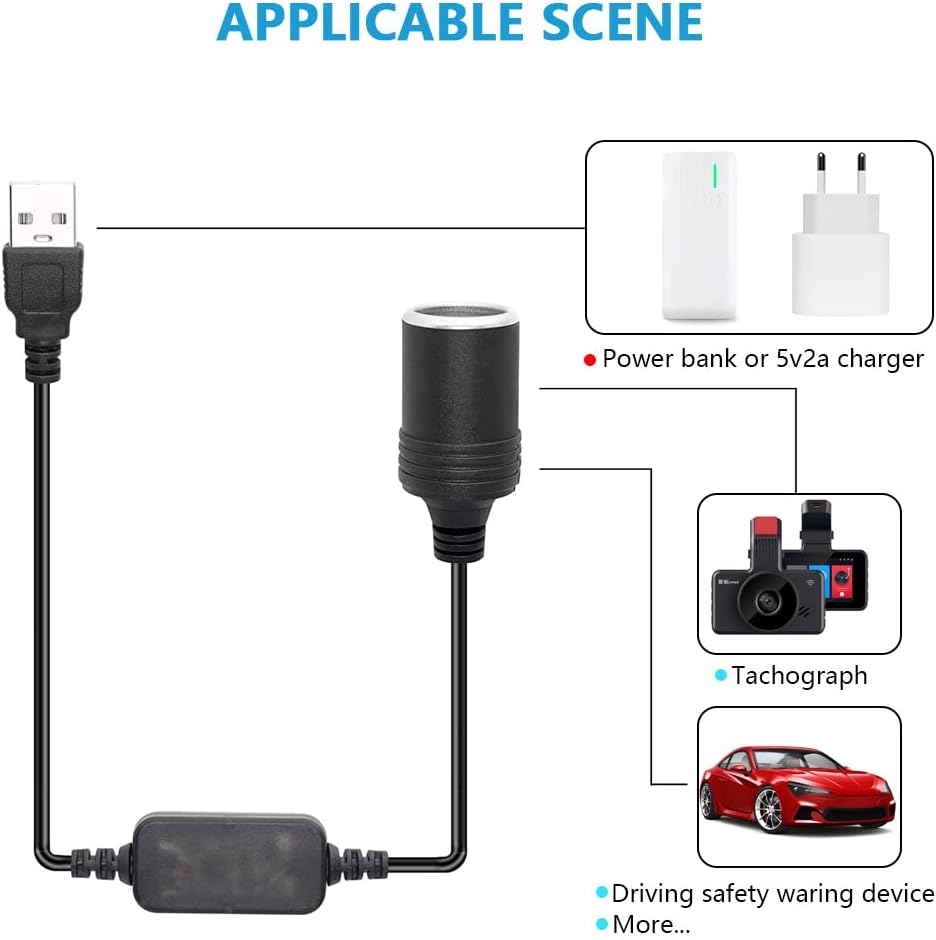 2 x USB A to Car Cigarette Lighter Socket Adapter 12V USB Converter 5V to Cigarette Lighter Socket 12V for Car Camera GPS E-Dog Mobile Phone Tablet (35cm, 60cm)