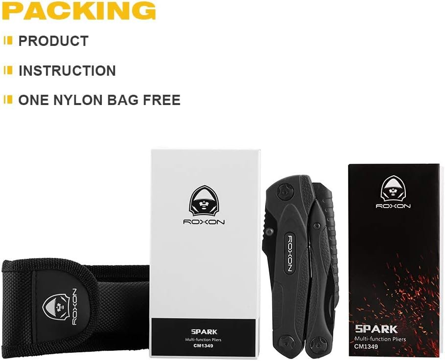 ROXON CM1349 Spark Survival Multitool Plier, 14-in-1 Multitools Folding Plier, Multipurpose Outdoor Survival Portable Multi Tool Set
