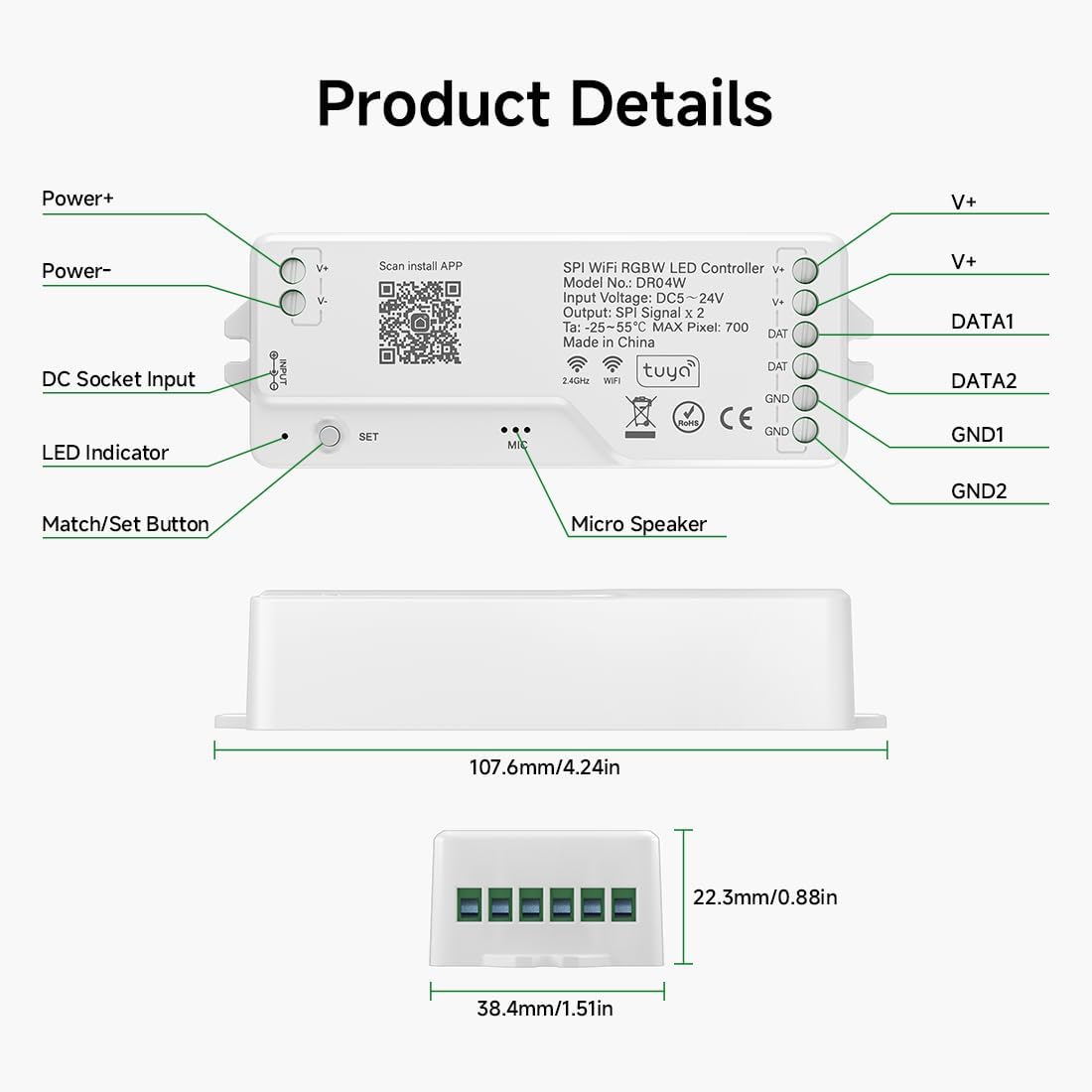 BTF-LIGHTING 2.4G WiFi SPI RGBW LED Controller DR04W Support RF Remote Control APP Tuya / Smart Life Third Party Voice Control for SMD FCOB SK6812 WS2814 etc RGBW LED Strips