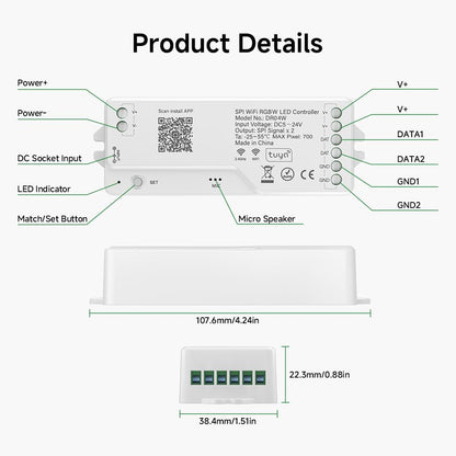 BTF-LIGHTING 2.4G WiFi SPI RGBW LED Controller DR04W Support RF Remote Control APP Tuya / Smart Life Third Party Voice Control for SMD FCOB SK6812 WS2814 etc RGBW LED Strips
