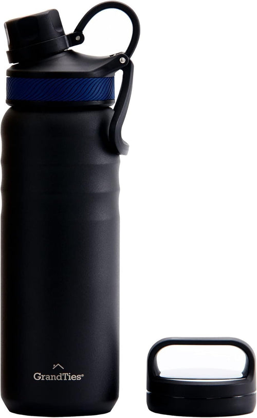 GrandTies 2 Lids Sports Stainless Steel Water Bottles â€“ 24oz, Wide Mouth Vacuum Insulated Reusable Leak Proof BPA-Free Travel Metal Canteen, Thermos Bottles for Men Women Gym (Midnight Black)