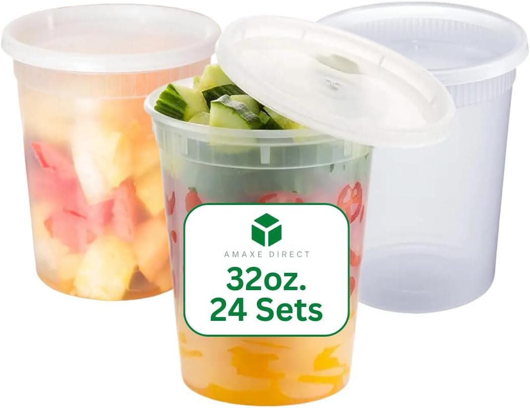 Amaxe Direct [32 oz - 24 Sets] 950ML Plastic Deli Food Storage Containers with Airtight Lids - Microwavable,Freezer & Dishwasher Safe