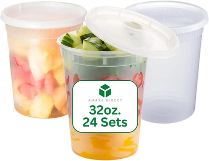 Amaxe Direct [32 oz - 24 Sets] 950ML Plastic Deli Food Storage Containers with Airtight Lids - Microwavable,Freezer & Dishwasher Safe