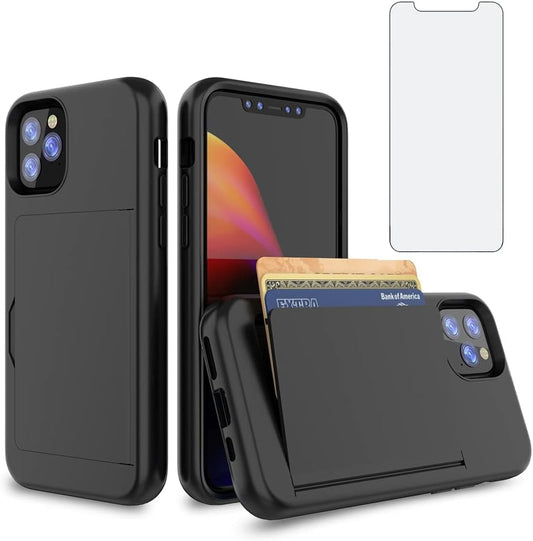 Asuwish Phone Case for iPhone 11 6.1 with Tempered Glass Screen Protector Cover and Credit Card Holder Stand Slim Hybrid Cell Accessories iphone11case iPhone11 i Phone11 11s XI 11R Women Men Black