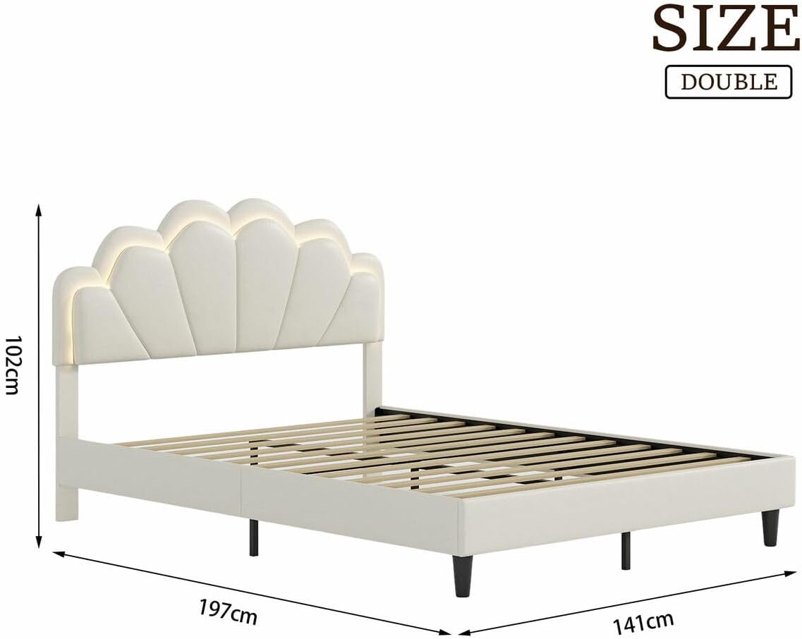 Luxsuite Double Size Bed Frame with Elegant Flowers Headboard Metal Platform Wooden Mattress Base Bedroom Furniture Foundation White