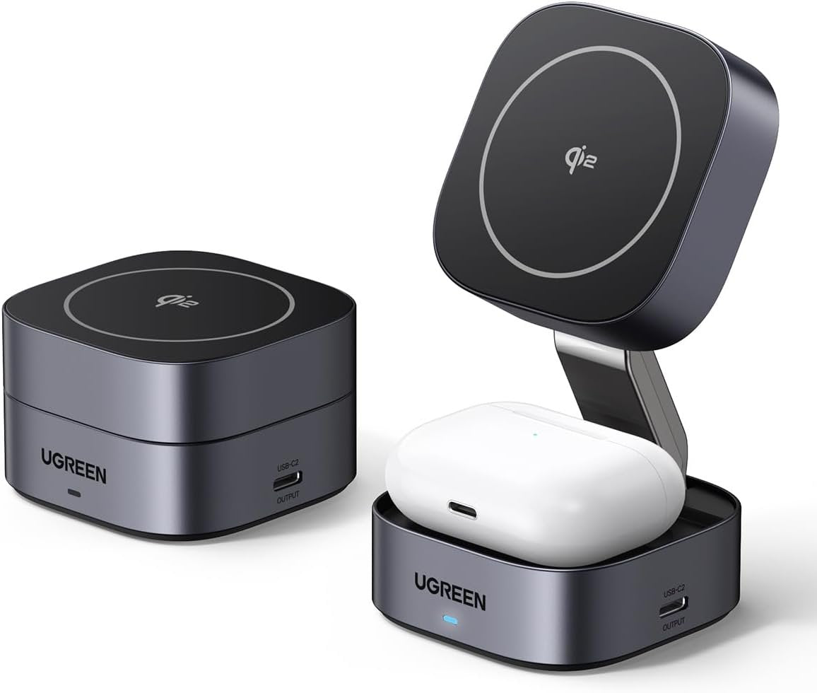 UGREEN MagFlow Qi2 Magnetic Wireless Charging Station 15W, Fast Charger Station Compatible for Magsafe Charger Stand, for iPhone 16 Pro Max 15 Pro 14 Plus 12 Series, Airpods Pro 2, 3 (No AC Adapter)
