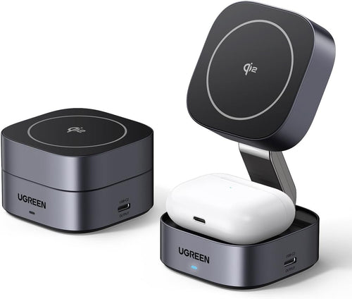 UGREEN MagFlow Qi2 Magnetic Wireless Charging Station 15W, Fast Charger Station Compatible for Magsafe Charger Stand, for iPhone 16 Pro Max 15 Pro 14 Plus 12 Series, Airpods Pro 2, 3 (No AC Adapter)