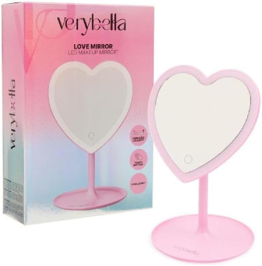 verybella Mirror for Make Up Table Pink Heart Shape Fixed Base In Which You Can Store Accessories Adjustable Led Lights Touch Switch Size 285 x 18 Cm