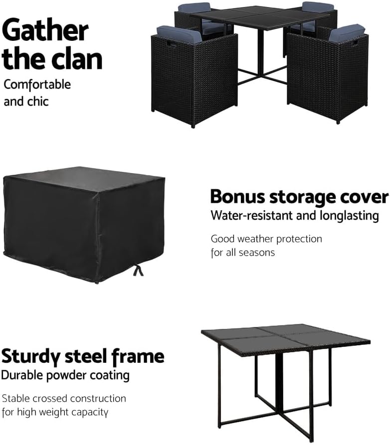 Gardeon Outdoor Dining Set 5pcs Rattan Wicker Lounge Setting Table and Chairs, Patio Conversation Sets Furniture Garden Backyard, Weather-Resistant Cushions Storage Cover Black Glass Tabletop