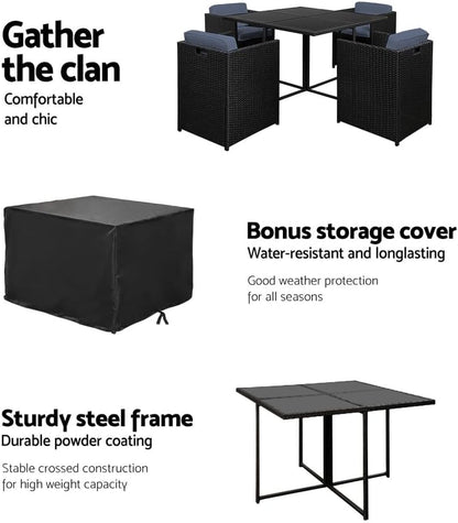 Gardeon Outdoor Dining Set 5pcs Rattan Wicker Lounge Setting Table and Chairs, Patio Conversation Sets Furniture Garden Backyard, Weather-Resistant Cushions Storage Cover Black Glass Tabletop