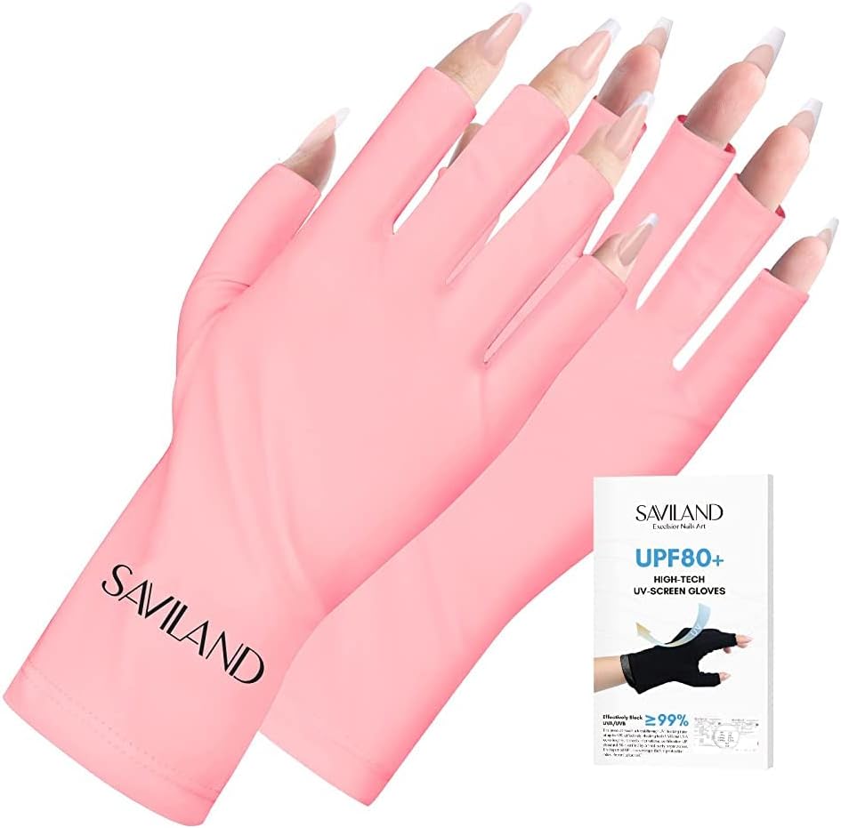 SAVILAND U V Gloves for Nails: UPF200+ High-tech Professional U V Gloves for Manicures, Anti UVA & UVB 999+ U V for Gel Nail Lamp Skin Care Fingerless Prevent Hands from U V Harm (Pink)