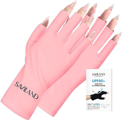 SAVILAND U V Gloves for Nails: UPF200+ High-tech Professional U V Gloves for Manicures, Anti UVA & UVB 999+ U V for Gel Nail Lamp Skin Care Fingerless Prevent Hands from U V Harm (Pink)