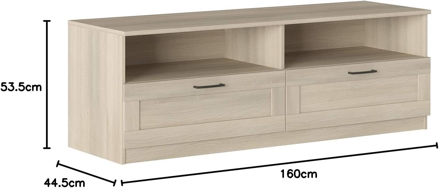 Iconico Home MIK Traditional TV Cabinet with 2 Drawers and Day Compartments, Living Room, Living Room, Bedroom, 160 x 44.5 x H 53.5 cm, Oak
