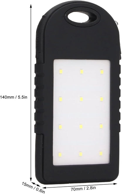 GRCFUMO 5000mAh Solar Power Bank, Solar Charging Powerbank, Portable Power Bank, External Battery Power Bank with 12LED Flashlight for Outdoor Camping Fishing Black