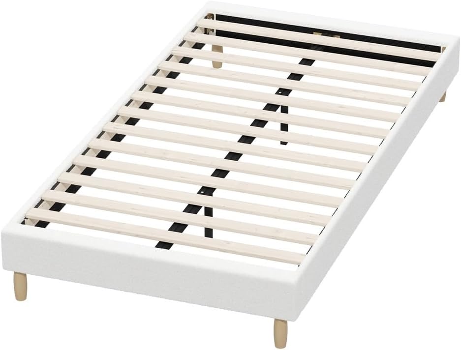 Oikiture King Single Bed Frame Boucle Bed Base White