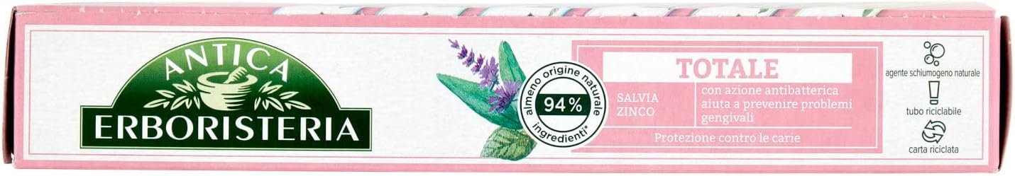 Antica Erboristeria - Total Toothpaste with Antibacterial Action, Prevents Gum Problems, Protection Against Caries, Sage and Zinc Taste - 75ml x 2