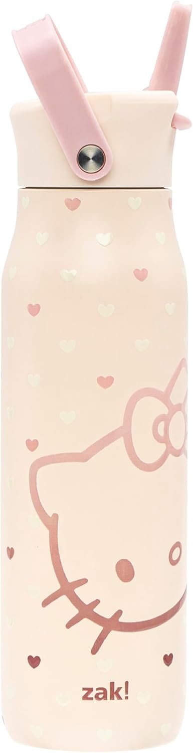Zak Designs Sanrio Hello Kitty Harmony Water Bottle for Travel or At Home, 32oz Stainless Steel is Leak-Proof When Closed and Vacuum Insulated with Straw Lid, Carry Handle, and 3D Artwork