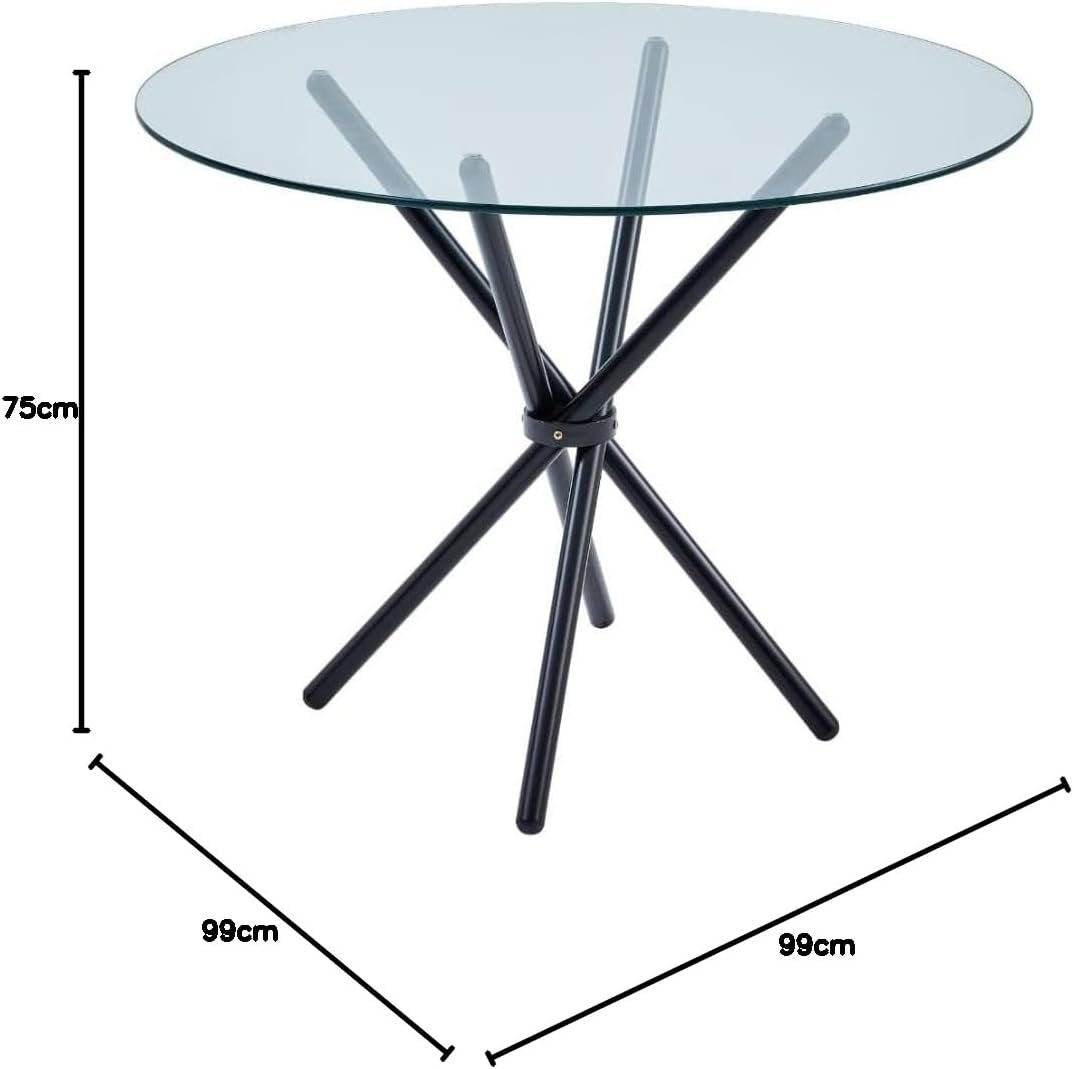 Gunno Modern Round Chrome Metal Dining Table with Clear Glass Top, Black Pedestal Dining Table