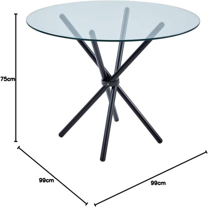 Gunno Modern Round Chrome Metal Dining Table with Clear Glass Top, Black Pedestal Dining Table
