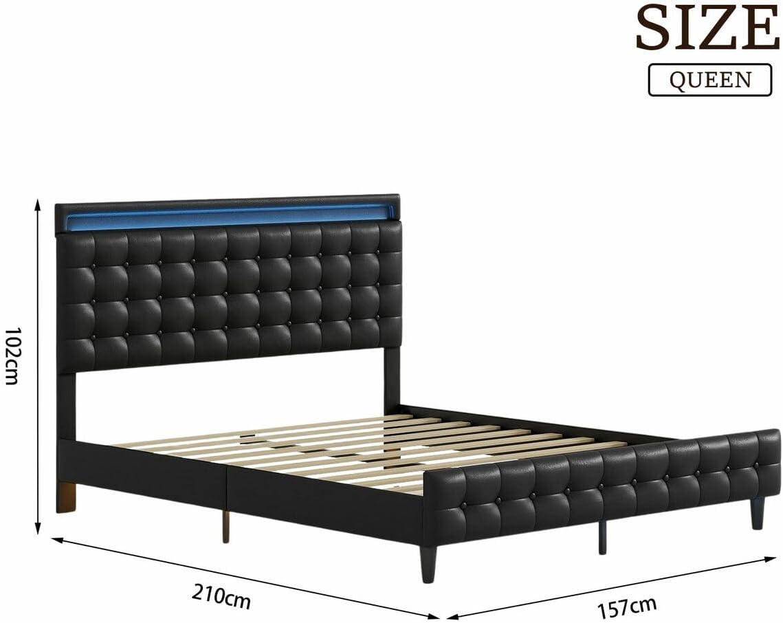 Luxsuite Queen Size Bed Frame Metal Mattress Base Wooden Platform Foundation with PU Leather Headboard BedHead Sleep Bedroom Furniture Black