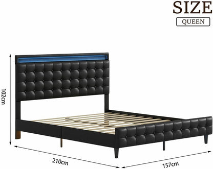 Luxsuite Queen Size Bed Frame Metal Mattress Base Wooden Platform Foundation with PU Leather Headboard BedHead Sleep Bedroom Furniture Black