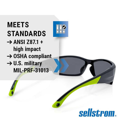 Sellstrom Stylish, Sporty, Slip-Resistant, Anti-Fog Hard Coating Protective Eyewear Safety Glasses, Smoke Lens, Co-Molded Temples, Soft Nose Piece (Qty 1), Black/Green, S72401