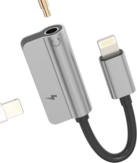Lightning to 3.5mm Dongle Splitter(2in1)Apple MFI Certified iPhone AUX Adapter Charger Headphone Jack Adaptador Para Cable for 14 13 12 11 Pro Max X XR SE 7 8 Plus Mini Music Audio Earphone Power Cord