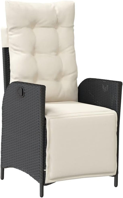 vidaxl 7 pc Garden Dining Set - Black Poly Rattan - Adjustable recliners & Cushions - Tempered Glass Table for Patio/Deck