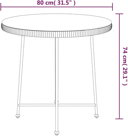 vidaXL Tempered Glass Top Dining Table-UV-Resistant PE Rattan Structure Made of Steel-Round Bistro Dinner Table-Glass Table for Patio, Garden, Living Room (Brown)