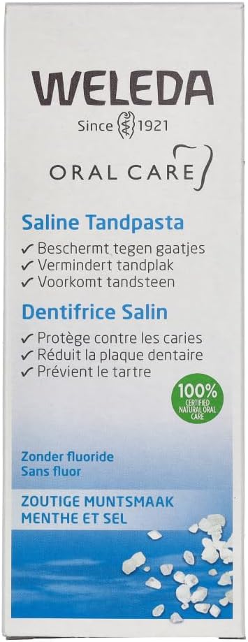 Weleda Saline Toothpaste, Fluoride Free Sea Salt Toothpaste, Neutralises Harmful Acids and Protects Against Caries and Plaques, 6 in 1 Treatment (1x75ml)