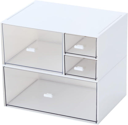 Desk Drawer Organizer, Transparent Makeup Organizer Storage Box with 4 Removable Plastic Drawers, Desk Storage and Accessories for Home Collection Cosmetics Office Bathroom Counter Dressing Table