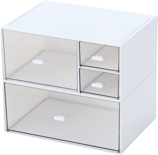 Desk Drawer Organizer, Transparent Makeup Organizer Storage Box with 4 Removable Plastic Drawers, Desk Storage and Accessories for Home Collection Cosmetics Office Bathroom Counter Dressing Table