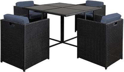 Gardeon Outdoor Dining Set 5pcs Rattan Wicker Lounge Setting Table and Chairs, Patio Conversation Sets Furniture Garden Backyard, Weather-Resistant Cushions Storage Cover Black Glass Tabletop