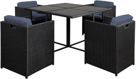 Gardeon Outdoor Dining Set 5pcs Rattan Wicker Lounge Setting Table and Chairs, Patio Conversation Sets Furniture Garden Backyard, Weather-Resistant Cushions Storage Cover Black Glass Tabletop