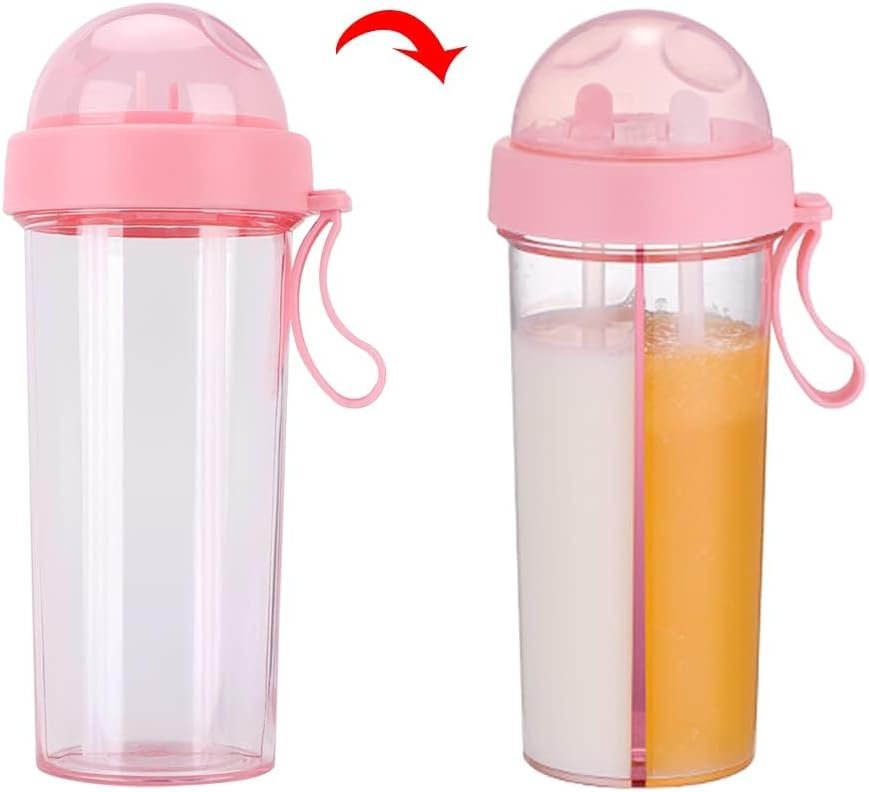 Creative Water Cup, 600ml One Cup of Two Different Drinks Two Straws Couple Portable Coffee and Water Bottle 2 in 1 Split Cups for Drinks Outdoor Drinking Cup for Camping Hiking Travel Office
