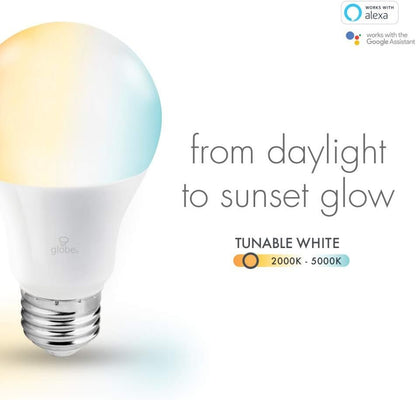 Globe Electric Wi-Fi Smart 10 Watt (60W Equivalent) Tunable White Dimmable Frosted Led Light Bulb, No Hub Required, Voice Activated, 2000K - 5000K, A19 Shape, E26 Base 34204