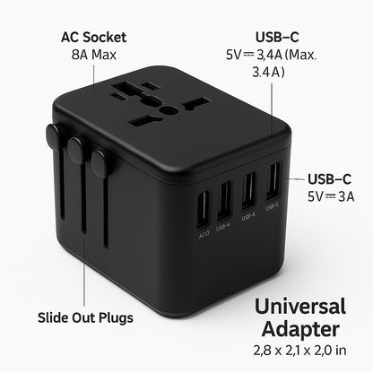 Universal Travel Adapter, International Travel Charger, Type A- Power Plug with 2 USB and Type-C PD, Fast Charging Adaptor for iPhone, Tablet, Gopro & Laptop, Black