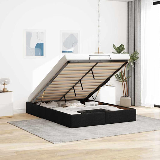 vidaxl Ottoman Bed Frame - Black Queen Size Fabric Storage Bed with Hydraulic Lift/Slat Base for Modern Bedroom