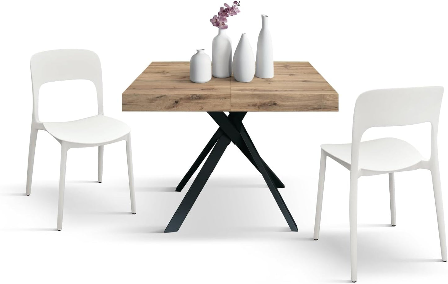 PAZZO DESIGN Leonardo Extendable Table, Black Cross Legs, Made In Italy, Rustic Oak, Kitchen Table, Dining Room Table, Extendable Table, 95 x 90 x 76 cm - id_2129