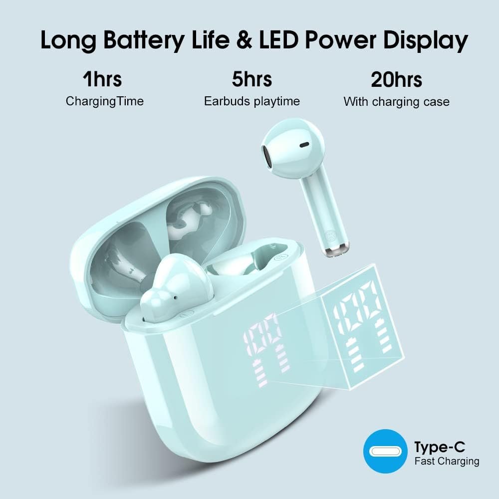OYIB Wireless Earbuds, 2025 Mini Bluetooth 5.3 Headphones HD Stereo Audio, ENC Noise Cancelling Mic Wireless Earphones 25H Playtime, IPX7 Waterproof, Touch Control in Ear Wireless Headphone Sky Blue