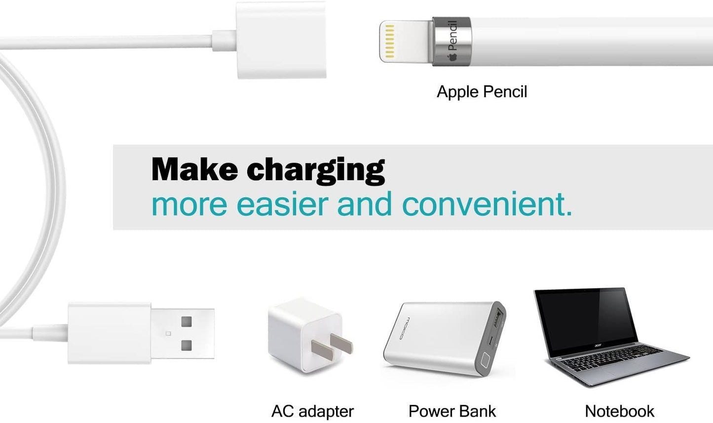 MoKo Charging Adapter Cable Compatible with Apple Pencil 1st, Connector Charger Compatible with iPad Pro 12.9 10.5 9.7 / iPad Air 3 / iPad Mini 5 2019 Pen Accessories, White