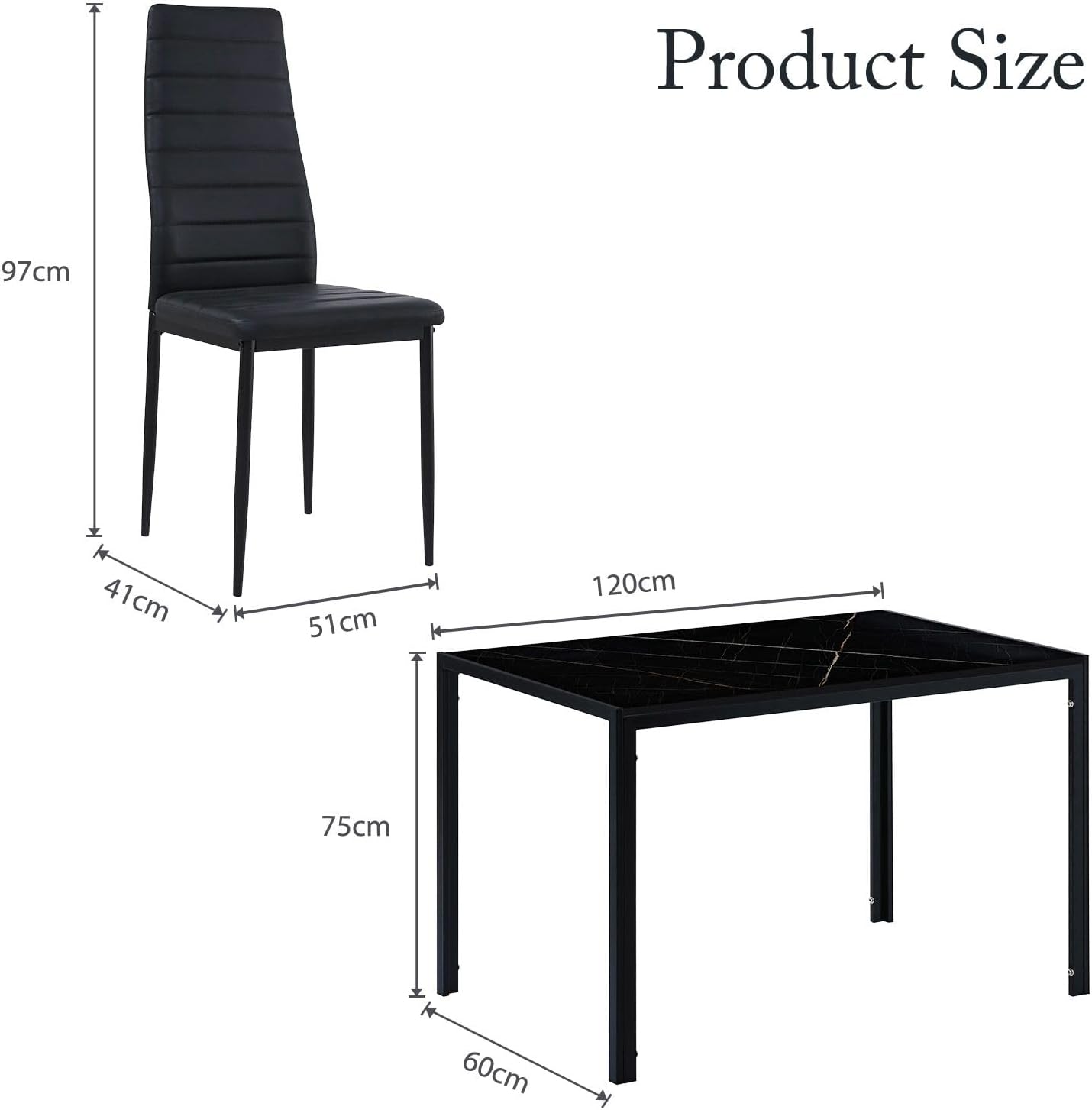 Luxsuite Dining Table Marble Tabletop Rectangular 120cm Modern Sintered Stone Glossy Marble Effect Top Dinner Tables 4 Seater with Tapered Metal Legs Dining Room Home Lounge Kitchen Black