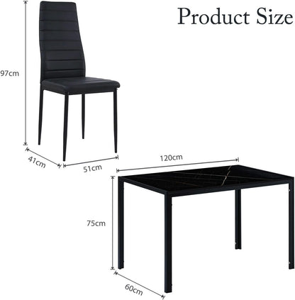 Luxsuite Dining Table Marble Tabletop Rectangular 120cm Modern Sintered Stone Glossy Marble Effect Top Dinner Tables 4 Seater with Tapered Metal Legs Dining Room Home Lounge Kitchen Black