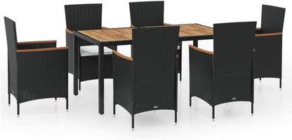 vidaXL 7-Piece Outdoor Dining Set - Sturdy Steel and Aluminum Frame with Acacia Wood Armrests and Table Top, Waterproof PE Rattan, Includes Black Chairs and Cream White Cushions