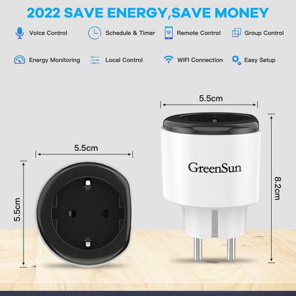 GreenSun WiFi Smart Socket, Smart Home Plug 16A, Energy Monitoring, Voice Control, Time Function, Compatible with Alexa & Google Home