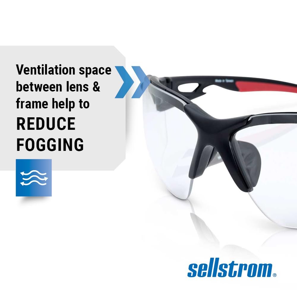 Sellstrom Sleek, Slip-Resistant, Anti-Fog Hard Coating Protective Eyewear Safety Glasses, Clear Lens, Co-Molded Temples, High Impact Optical Correct Wrap Style PC Lens, Soft Nose Piece (Qty 1), S72300