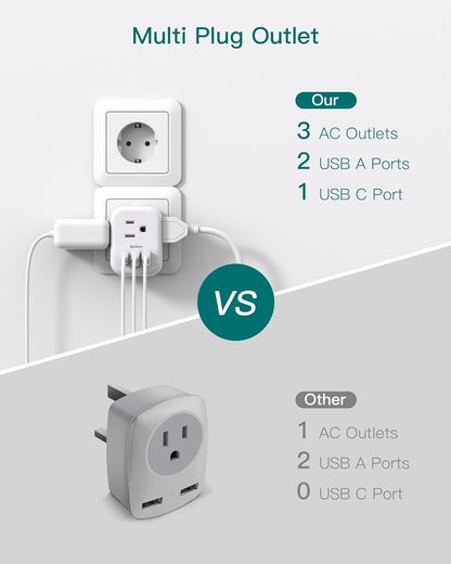 2-Pack Germany France Travel Plug Adapter, 3 Outlets and 3 USB Charging Ports(1 USB C), Addtam Type E/F International Power Adapter, Travel Essentials US to Europe France Germany South Korea