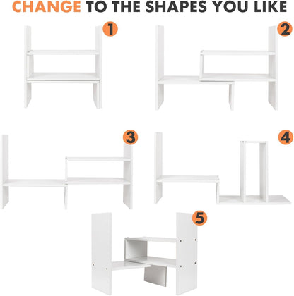 Wood Desktop Organizer, Adjustable Display Shelf Rack for Home Office Desktop Storage Supplies Organization (White)