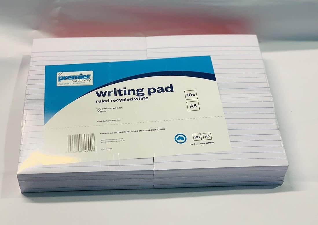 Premier Stationery A5 Ruled Writing Pad Notebook - Recycled 50 GSM Paper Notepad for Notes, Appointments & Lectures, Legal Pad Notebook 100 Sheets with Cardboard Backing, Glue-Top Easy Sheet Removal